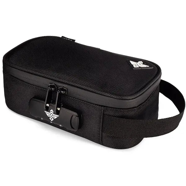The Erozul Genesis Storage Travel Case is a black, rectangular, water-resistant organizer bag with a combination lock, textured surface, side handle, and a small top-corner logo—perfect for travel.